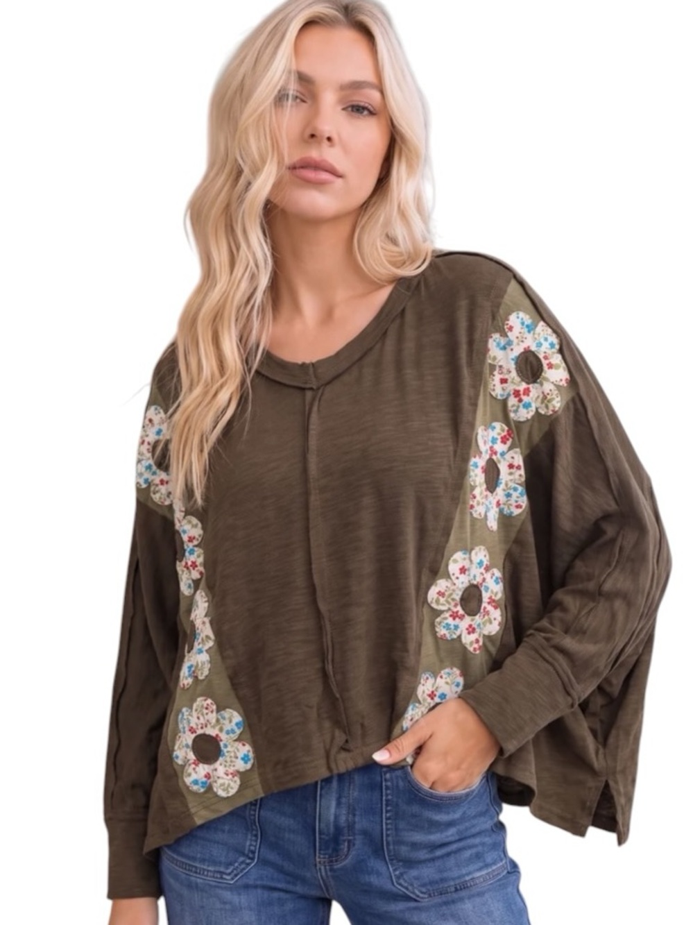 477:  KORI NEW FLORAL TOP OLIVE (H16)